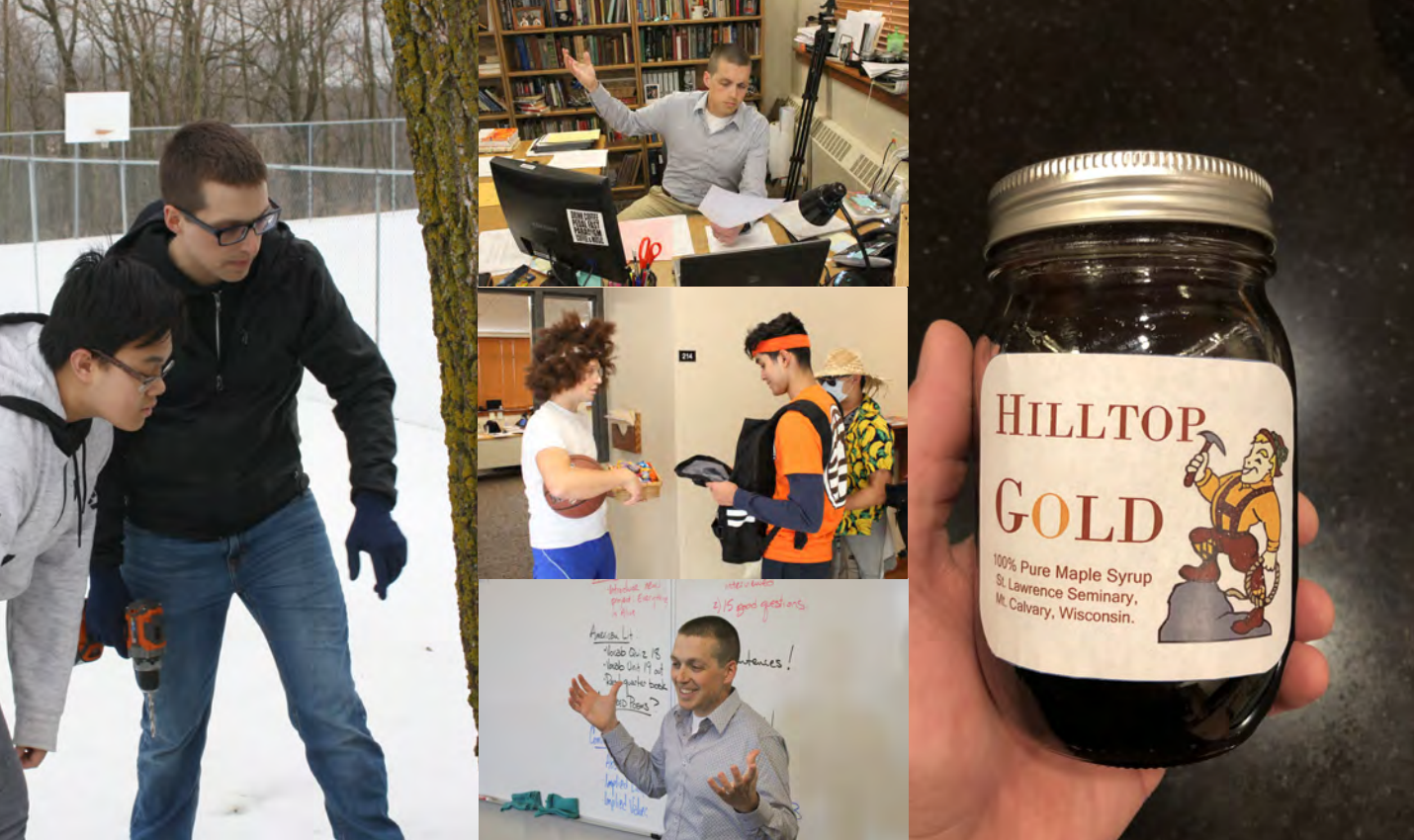 a compilation of photos of Mr. Van Asten: looking at a tree with a student, in his office, wearing a wig and posing with a basketball, teaching in front of a whiteboard and holding a jar of "Hilltop Gold" maple syrup