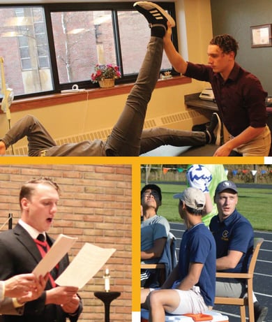 a collage of students stretching, singing and playing sports