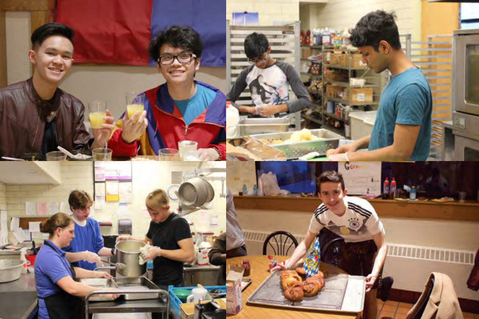 a compilation of photos: two boys smiling and holding up drinks, boys preparing meals and a boy posing with a finished meal
