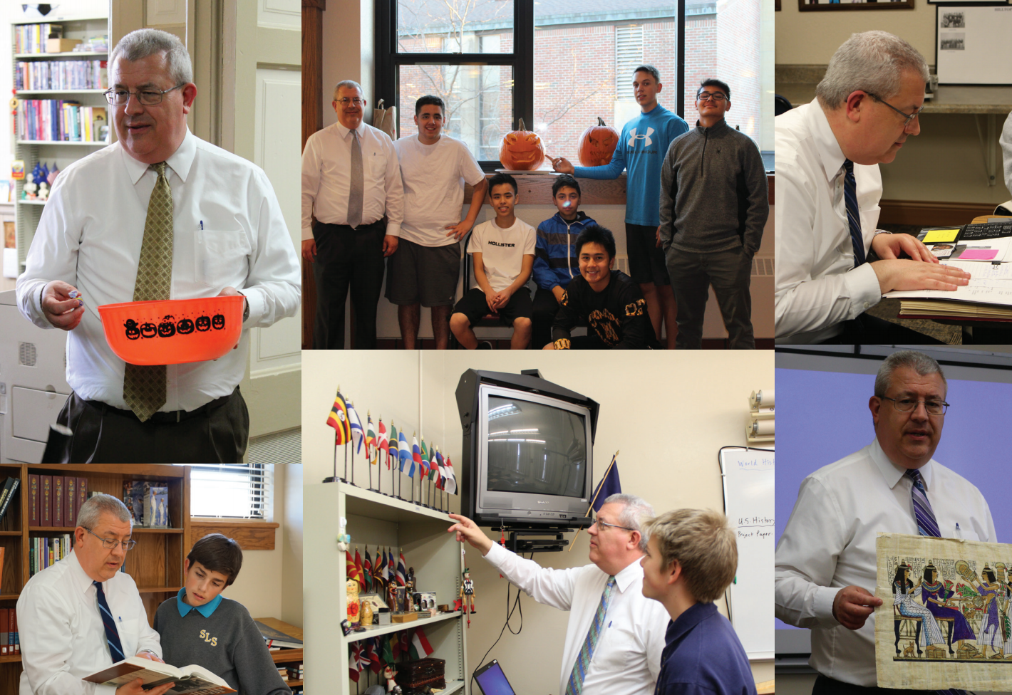 a compilation of photos of Mr. Kreig: handing out candy, posing with students, preparing for class, reading a book, pointing to flags and holding a picture of hieroglyphics 