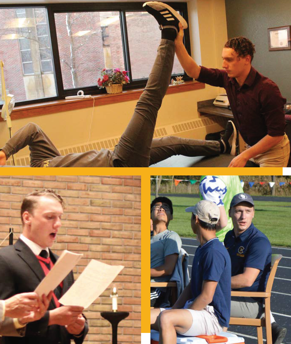 a collage of students: stretching, singing and playing sports